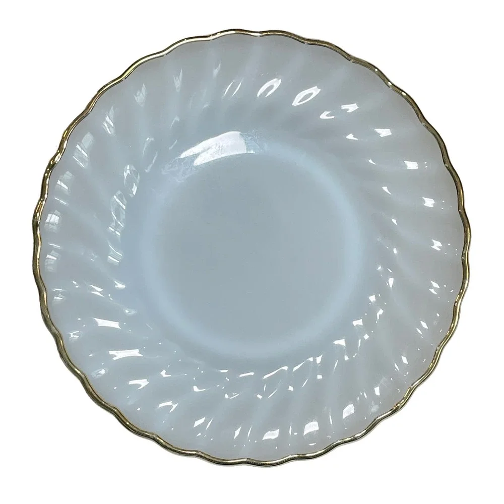 Fire King Dinnerware Swirl Salad Plates Milk Glass Gold Dessert Replacements Two